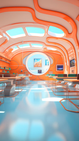 3D render of a spaceship interior with blue and orange walls.の素材