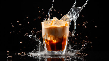 coffee splash in a glass with ice cubes on a black backgroundの素材
