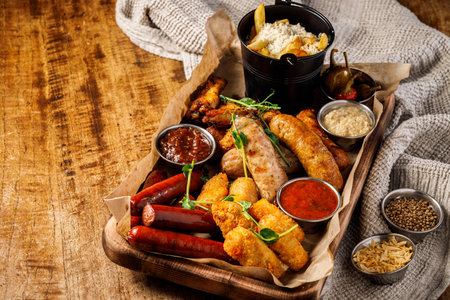 grilled sausages and vegetables on a wooden background. tinting. selective focusの写真素材