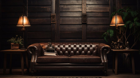 Luxury leather sofa with table lamp on wooden wall background.の素材