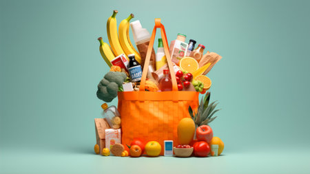 Shopping basket full of food products. 3d render illustration.の素材