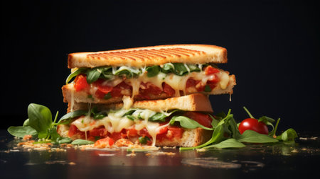 Sandwich with cheese, tomatoes and arugula on black backgroundの素材