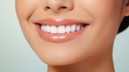 Closeup of beautiful young woman smile with healthy white teeth. Dental care conceptの素材