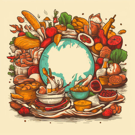Hand drawn vector illustration of healthy food around the world. Vintage style.の素材