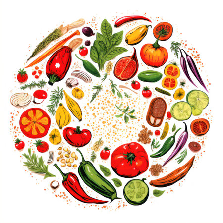 Vegetables and spices round composition. Hand drawn vector illustration.の素材