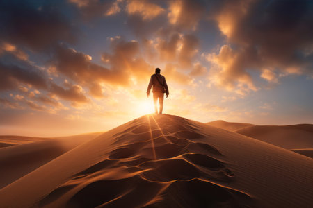 Man walking in the desert at sunset. 3d render illustration.の素材