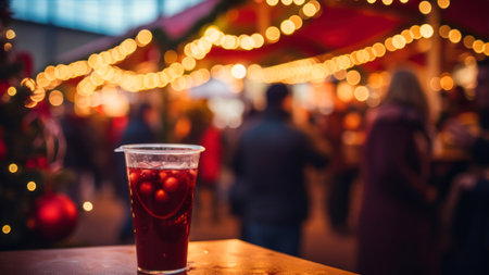 Mulled wine in a glass on the background of a Christmas marketの素材