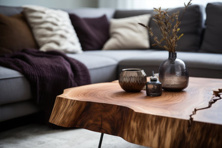 Modern living room interior with wooden table, sofa, coffee cup and vaseの素材