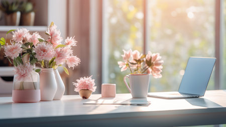 Workspace with laptop, coffee cup and bouquet of pink flowers on white tableの素材