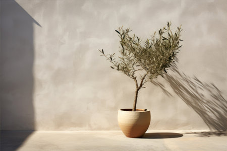 Olive tree in a pot on a concrete wall background. 3d renderの素材