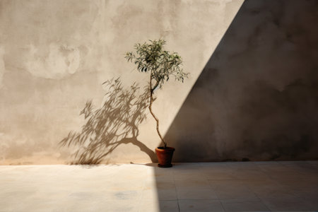 Silhouette of a tree in a pot on the wall backgroundの素材