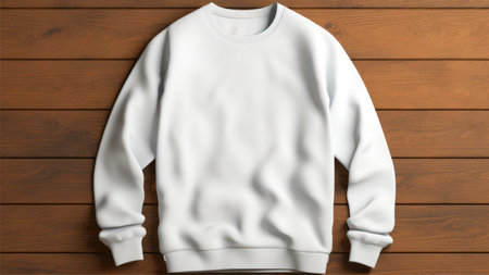 Blank white sweatshirt mockup on wooden backgroundの素材
