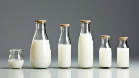 Milk bottles in row on gray background. Healthy dairy products.の素材