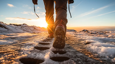 Hiker walking on snowy trail in winter mountains at sunset, close upの素材