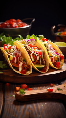 Mexican tacos with beef, avocado, tomato, onion and cheeseの素材