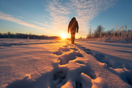 Man walking on snow in winter at sunset. Winter sports concept.の素材