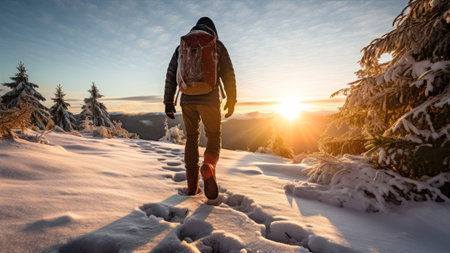 Hiker with backpack hiking in winter mountains at sunset. Sport, fitness, healthy lifestyle concept.の素材
