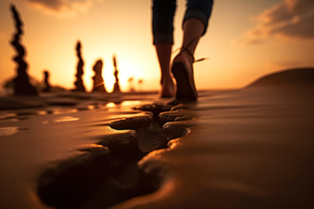 Woman walking on sand dune at sunset. Female legs closeup.の素材
