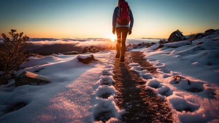 Hiker on the top of a mountain at sunset. Beautiful winter landscapeの素材