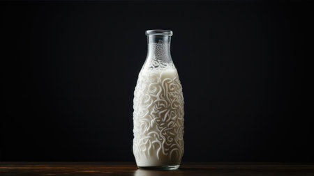 Milk bottle on wooden table and black backgroundの素材
