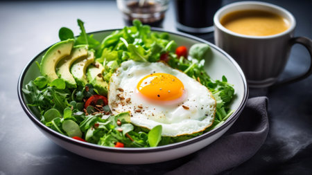 Healthy breakfast with fried egg, avocado and arugula saladの素材
