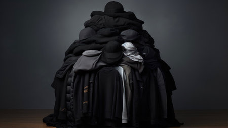 Huge pile of clothes on a wooden table. Dark background.の素材