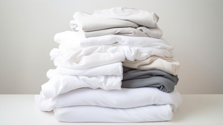 Stack of white and gray shirts isolated on white background. Soft focus.の素材