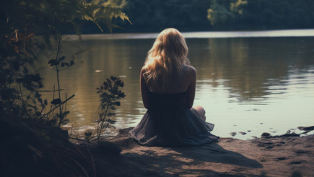 Young woman sitting on the shore of a lake and looking into the distanceの素材
