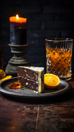 Piece of chocolate cake with orange and glass of whiskey on dark backgroundの素材