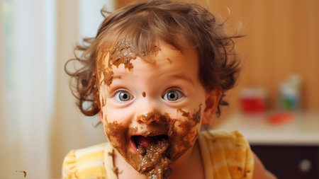 Portrait of a cute little boy eating chocolate cake in the kitchenの素材