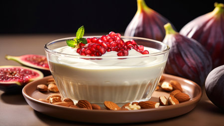 Delicious yogurt with pomegranate seeds and nuts on tableの素材