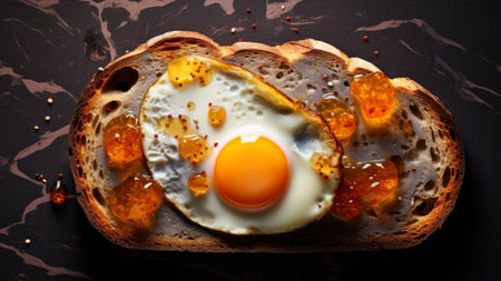 Bread with fried egg and orange marmalade on dark backgroundの素材