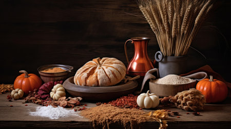 Pumpkin bread, cereals and dried fruits on wooden backgroundの素材