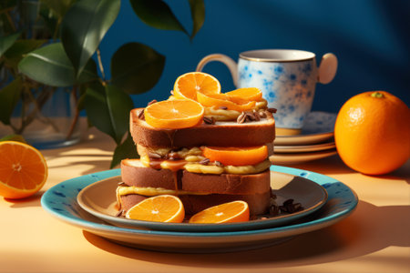 Delicious waffles with orange slices and chocolate chips on blue backgroundの素材