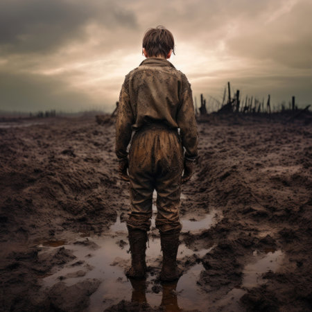 A man in a military uniform stands in a muddy puddle.の素材