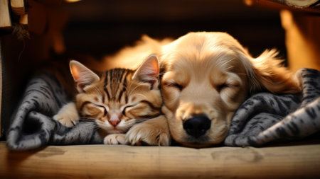 Cute Golden Retriever puppy and tabby kitten sleeping together.の素材