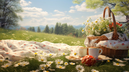 Picnic in the meadow. Cup of coffee and basket with flowers.の素材