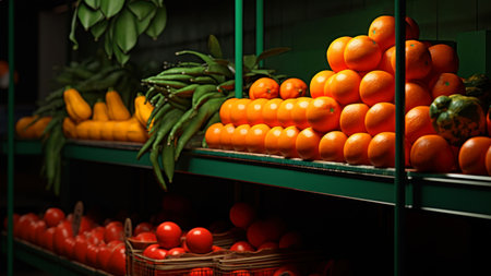Fruits and vegetables on the counter of a grocery store in Italyの素材