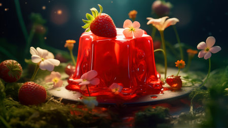 Red jelly pudding with strawberries and daisies on a dark backgroundの素材