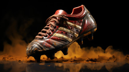 Pair of old football boots on a black background.の素材