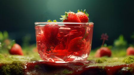 Strawberry cocktail in a glass bowl on a green moss backgroundの素材