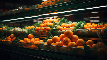 Oranges on shelves in supermarket. Shallow depth of field.の素材