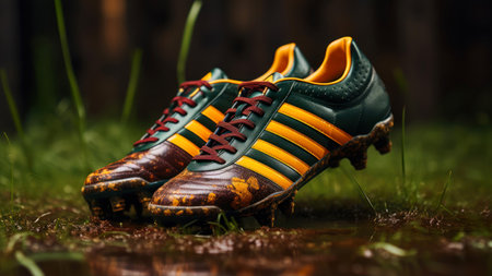 Pair of running shoes on the wet grass. Selective focus.の素材