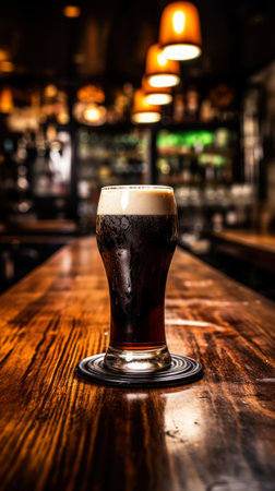 Glass of dark beer on a bar counter in a pub or restaurantの素材