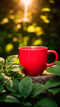 Red cup of coffee in the garden with nature background. Vintage tone.の素材