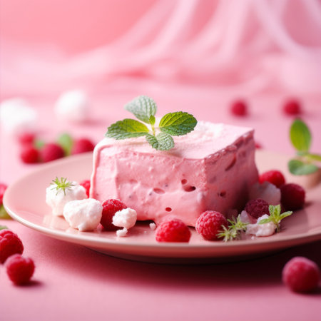 Raspberry ice cream with fresh raspberries and mint on pink backgroundの素材