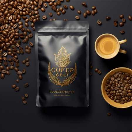 Coffee beans and coffee bag on black background. Vector illustration.の素材