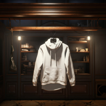 Blank white hoodie hanging on wooden door. 3d renderの素材