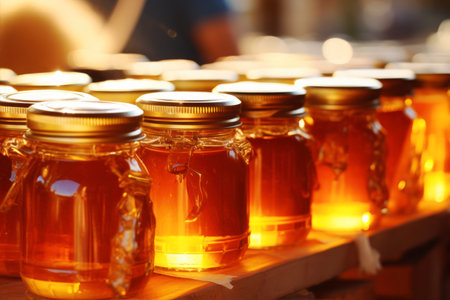 Honey in glass jars on counter in market, closeup viewの素材