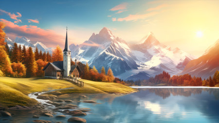 Beautiful mountain landscape with church on the lake.の素材